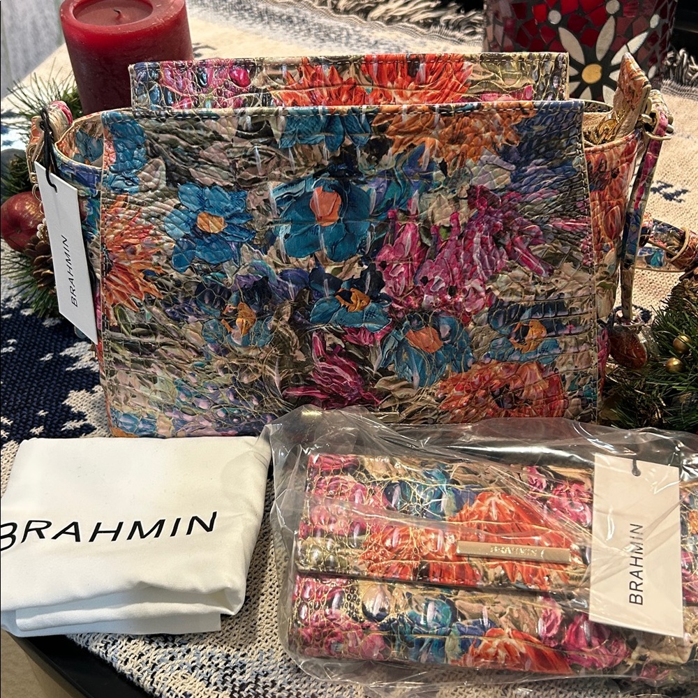 NWT SET Brahmin Vibrant Floral Shoulder Bag Hillary Lasso and wallet